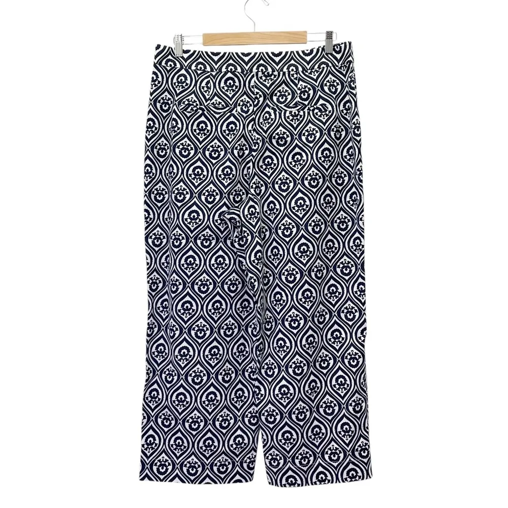 Boden Printed Crop Pants Size US 12 Geo Cascade Navy High Rise Wide Leg Trousers Blue - Image 4