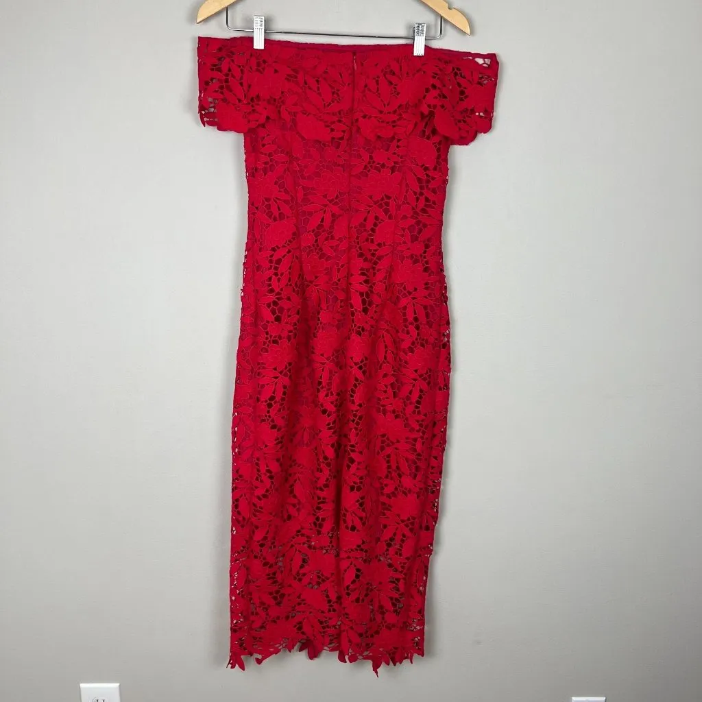 Anthropologie Shoshanna Dress Womens 8 Red Lace Sheath‎ Off Shoulder Fitted Sexy - Image 14