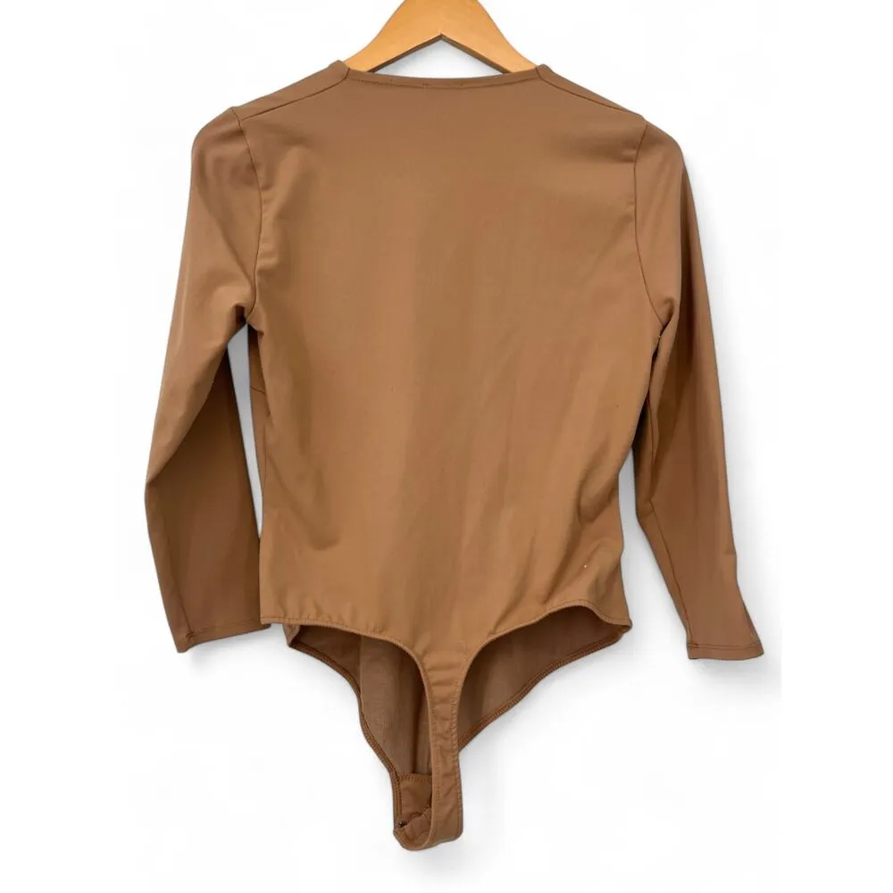Free People  | M Close Call Duo Bodysuit V-neck Long Sleeve Tan Nude Top T-shirt - Image 3