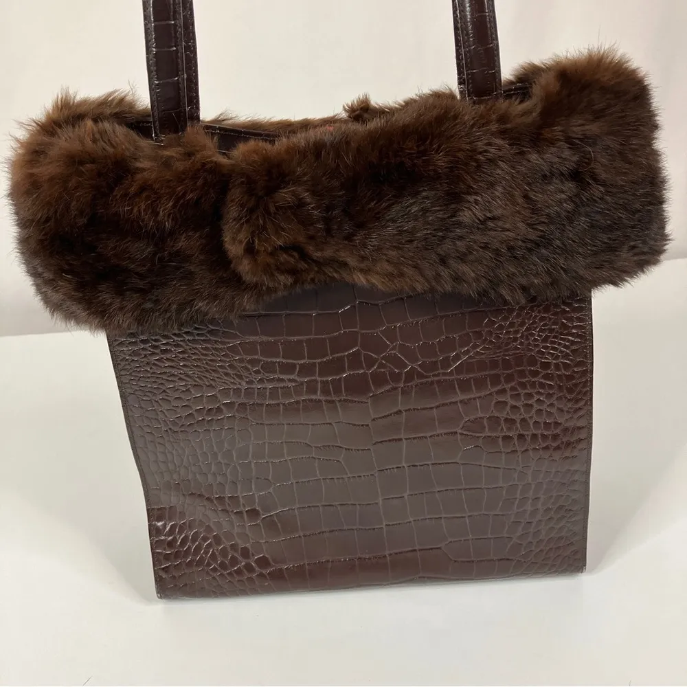 BHS British Home Store | Brown Faux Crocodile Fur Trim Handbag - Image 5