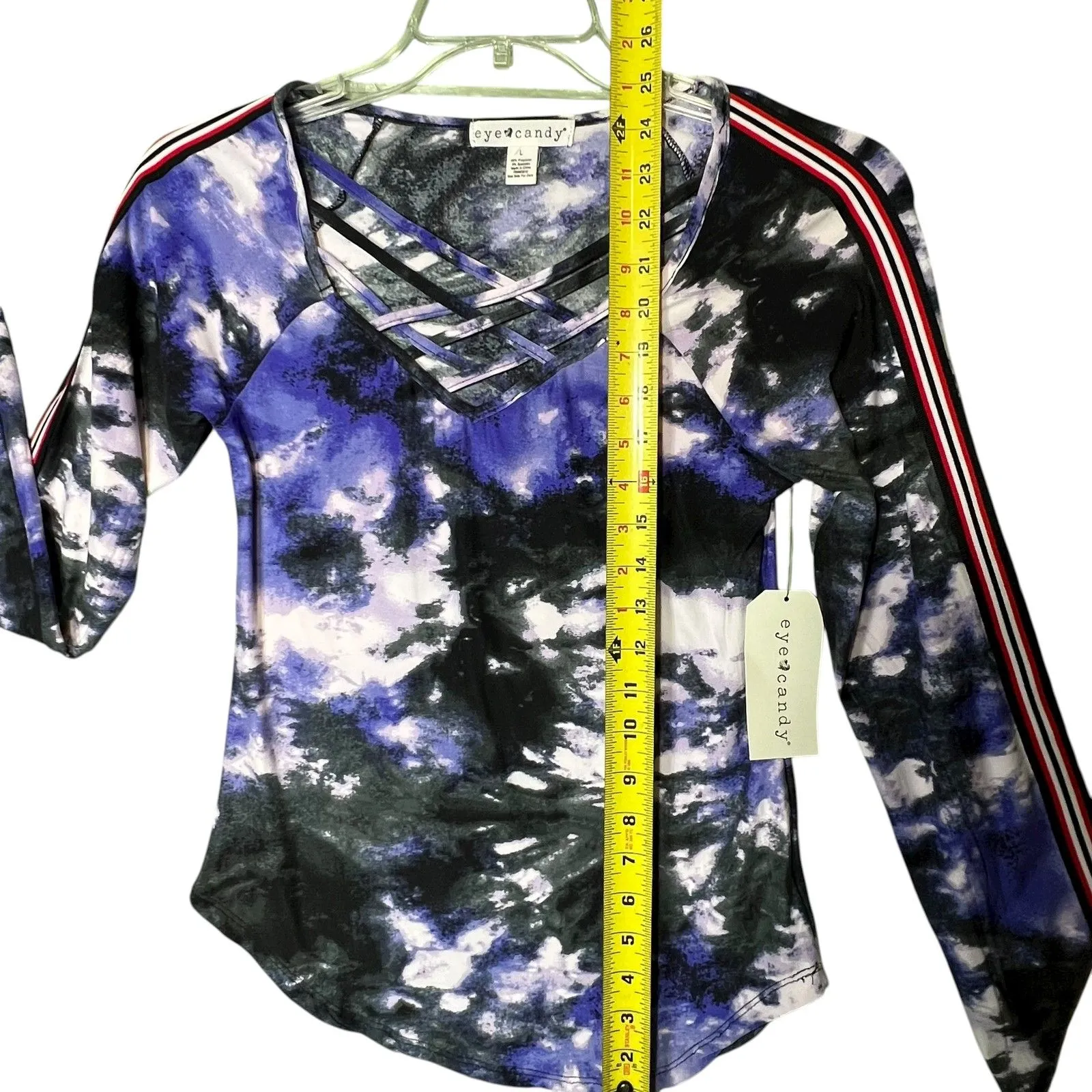 Eye Candy Shirt Womens Large Purple Black Tie Dye Crisscross V-Neck Long Sleeve - Image 7