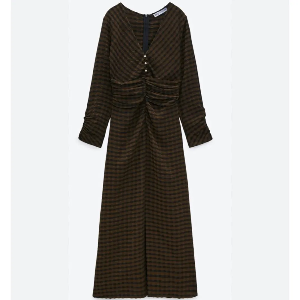 Zara textured checked draped midi dress in brown - Image 4