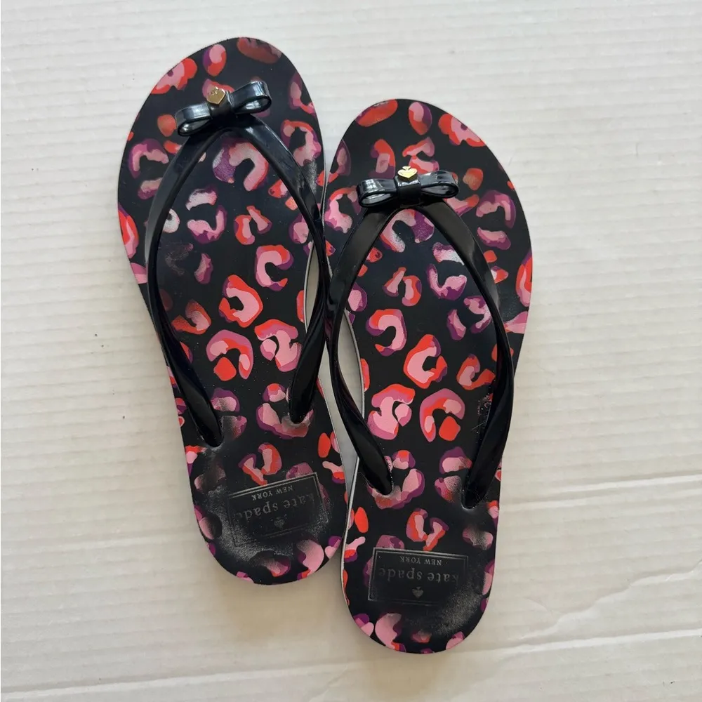 Kate Spade Nimi Black Pink Leopard Flip Flop Sandals Womens 7/8 Beach Basic - Image 2