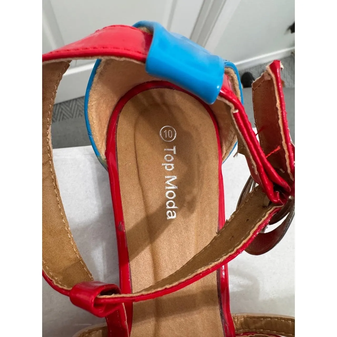 Top Moda Red Patent Strappy Sandals | Colorblock Ankle Strap | Size 10 - Image 5