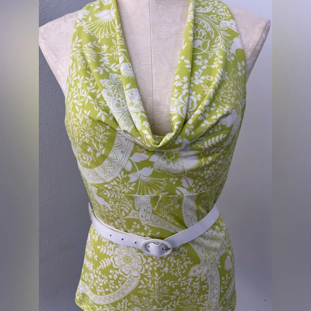 Vintage Y2K Trixxi Green & White Cowl Neck Blouse with Belt -Size L - Image 2