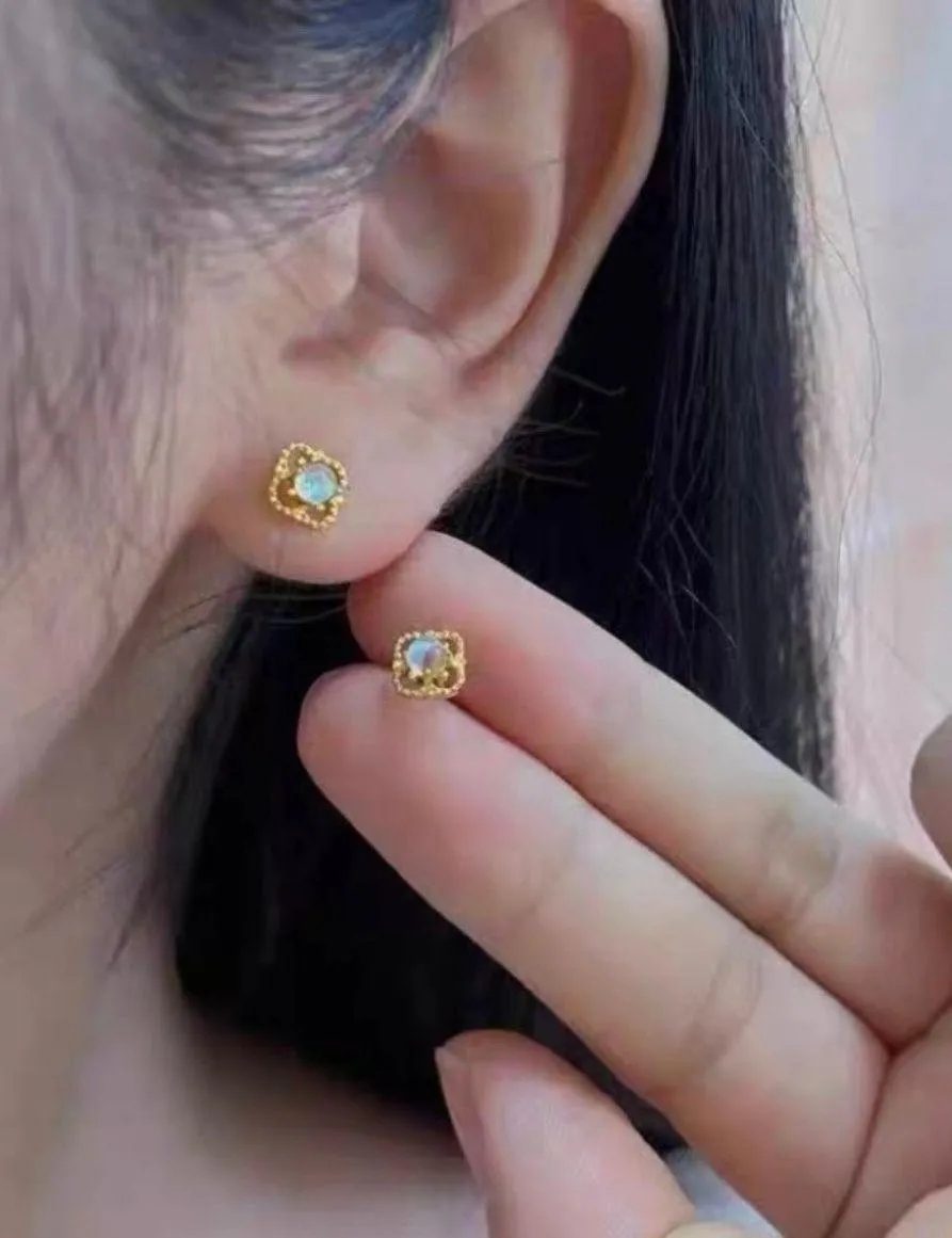 18K Gold Plated Hollow Mini Small Opal Stud Earrings for Women - Image 5