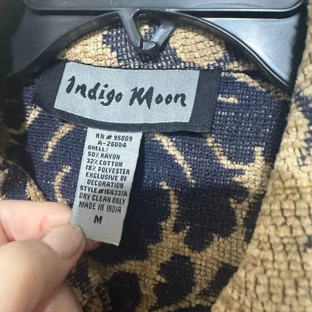 Indigo Moon Blazer Jacket Womens Medium Tapestry full zip Tan Navy Artsy - Image 4