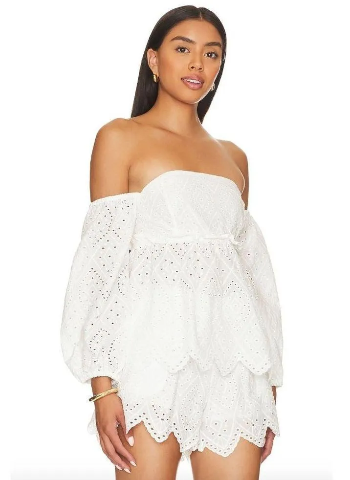 MISA Los Angeles Sera Off The Shoulder Scalloped Eyelet Top White Womens Size M - Image 2