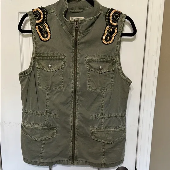 Ruff Hewn Olive Green Bead Embellished Vest Pockets Size Medium Chest 20” - Image 2