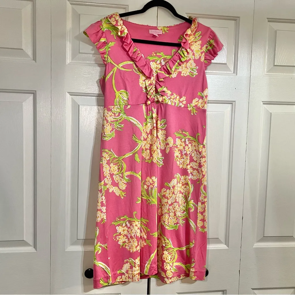 Lilly Pulitzer Claire Dress Silk Blend Queen Anne Lace Print Size Medium V-Neck - Image 3