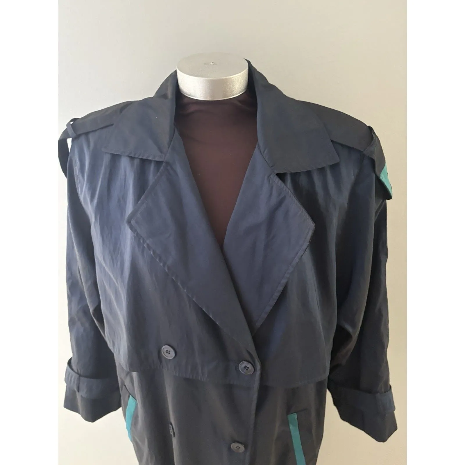 Vintage Forecaster Of Boston Trench Raincoat Size 12 Blue Black Iridescent - Image 2