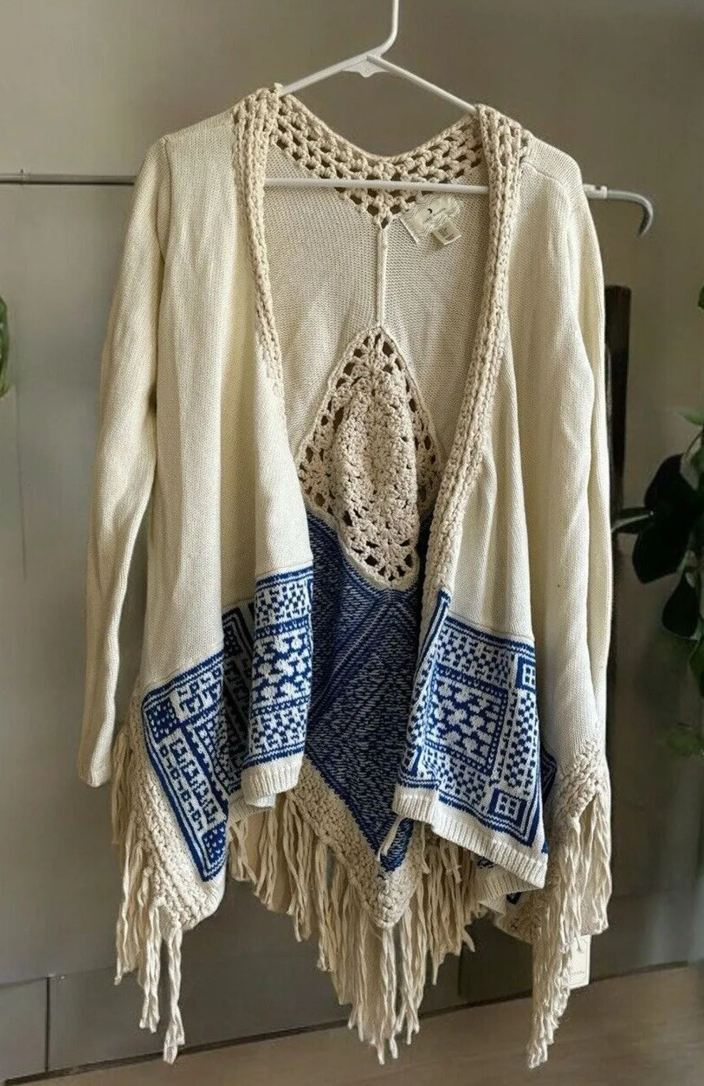 NEW Ruby Moon Ivory Blue Boho Crochet Fringe Cardigan Aztec Native American S - Image 1