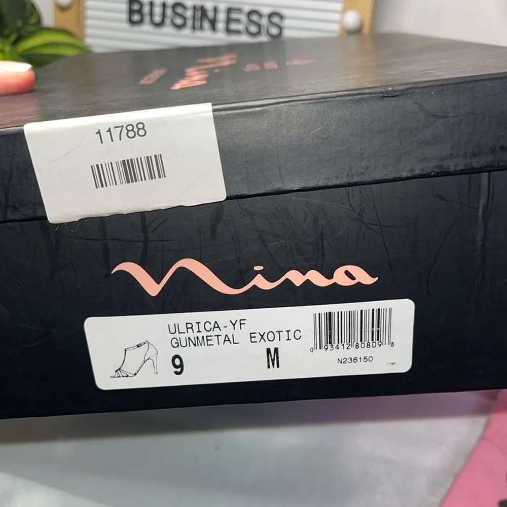 Nina Ulrica Womens Size 9 Gunmetal Satin Rhinestone Round Open Toe Heels - Image 6