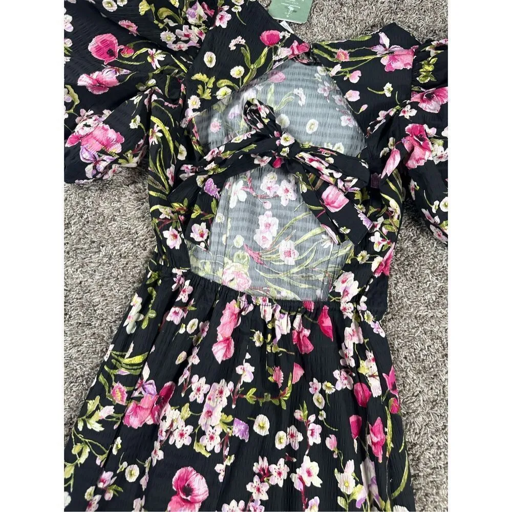 NWT h&m Open Tie backed Mini Dress Puff Sleeves Black/floral XS Cottagecore - Image 10