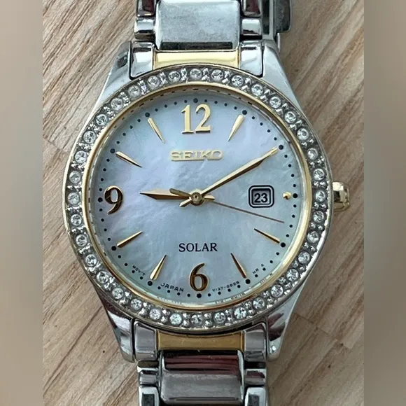 Seiko Solar Swarovski Crystals Ladies Watch Pearl Dial Two-Tone Bracelet Date - Image 1