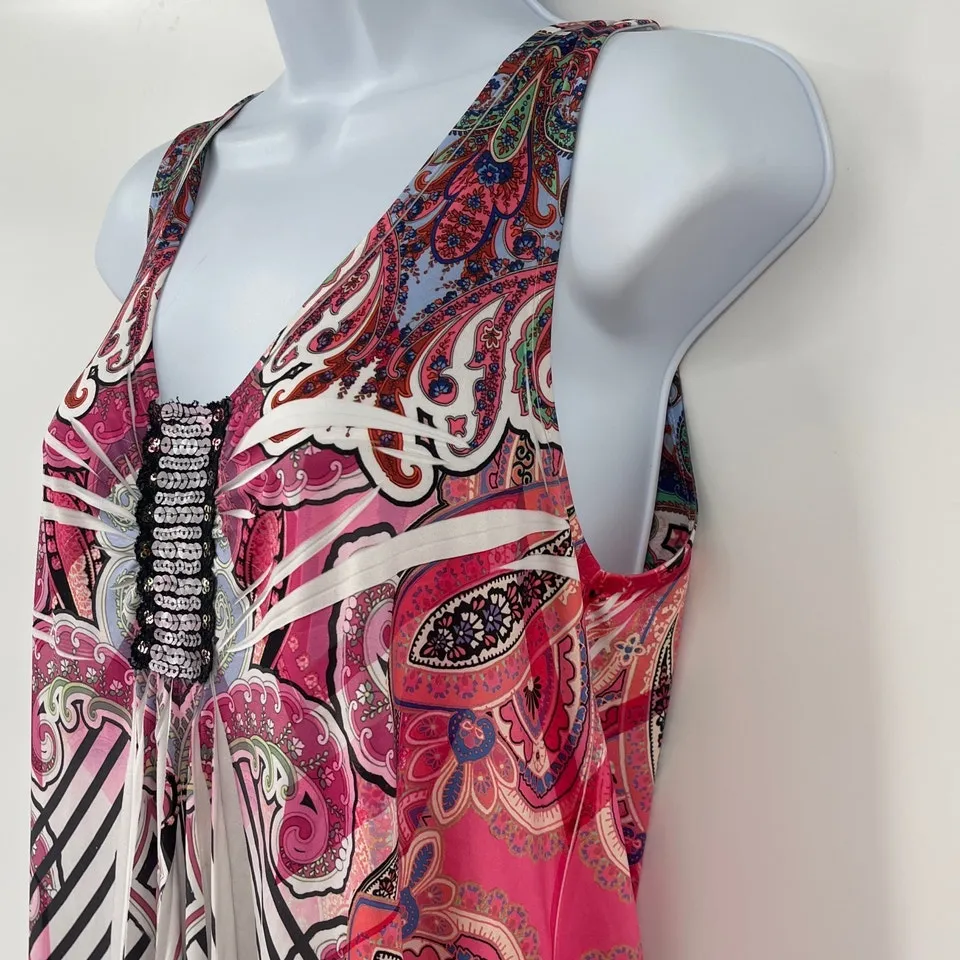 Unity World Y2K Babydoll Top Sz M Boho Fairy Grunge Tunic Pleated Sequin Paisley Pink Size M - Image 5