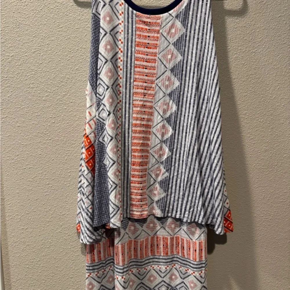 Anthropologie Maeve Tank Tiered Dress V-Neck, Fit & Flow, Orange Blue Size Large - Image 5