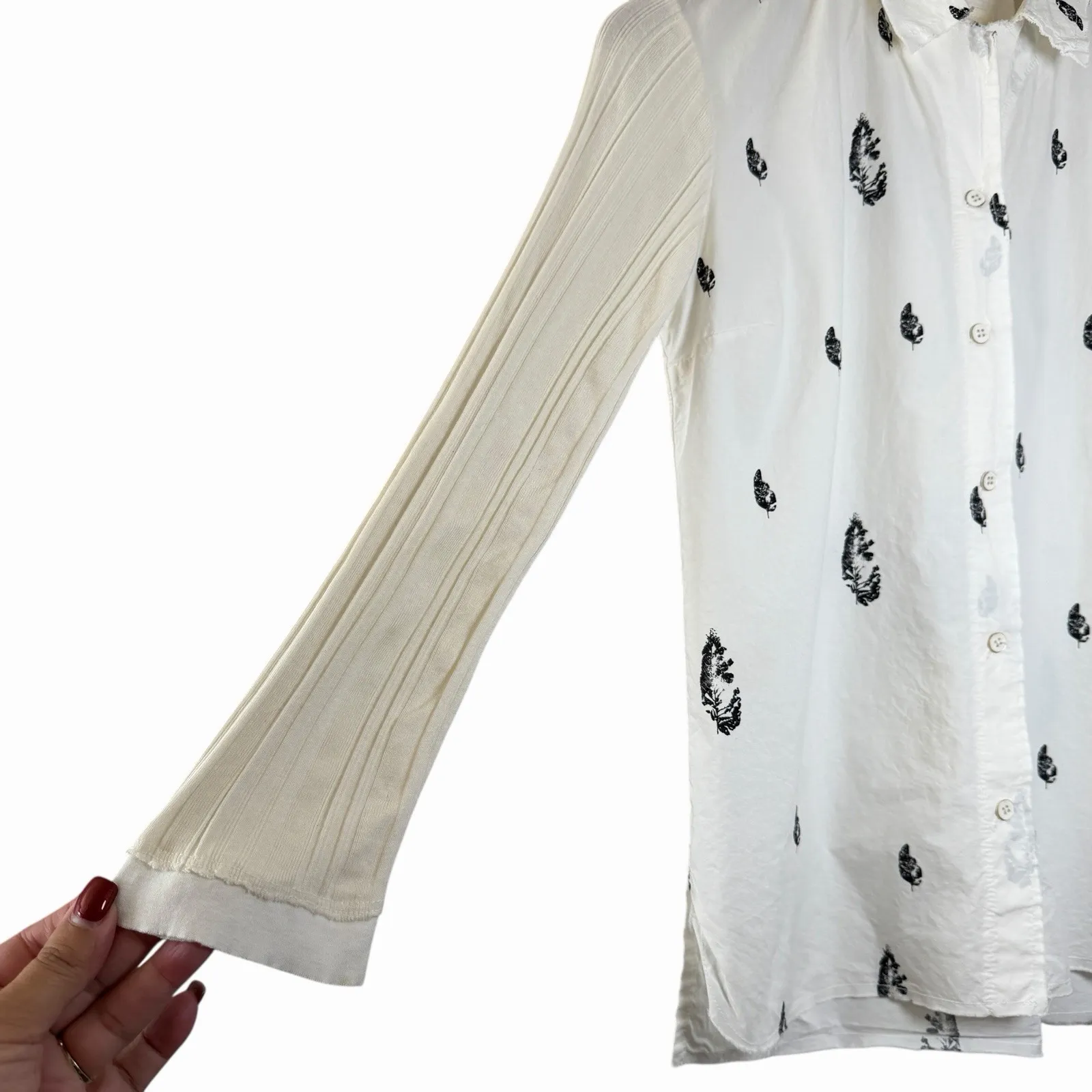 H+ Hannoh Wessel Womens Leaf Block Print Top Ribbed Sleeves Cotton Italy 36S - Image 6