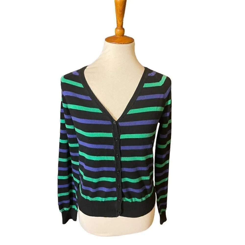 XXI Womens Cardigan Sweater Stripe Long Sleeve Button Front V Neck Blue Large - Image 8