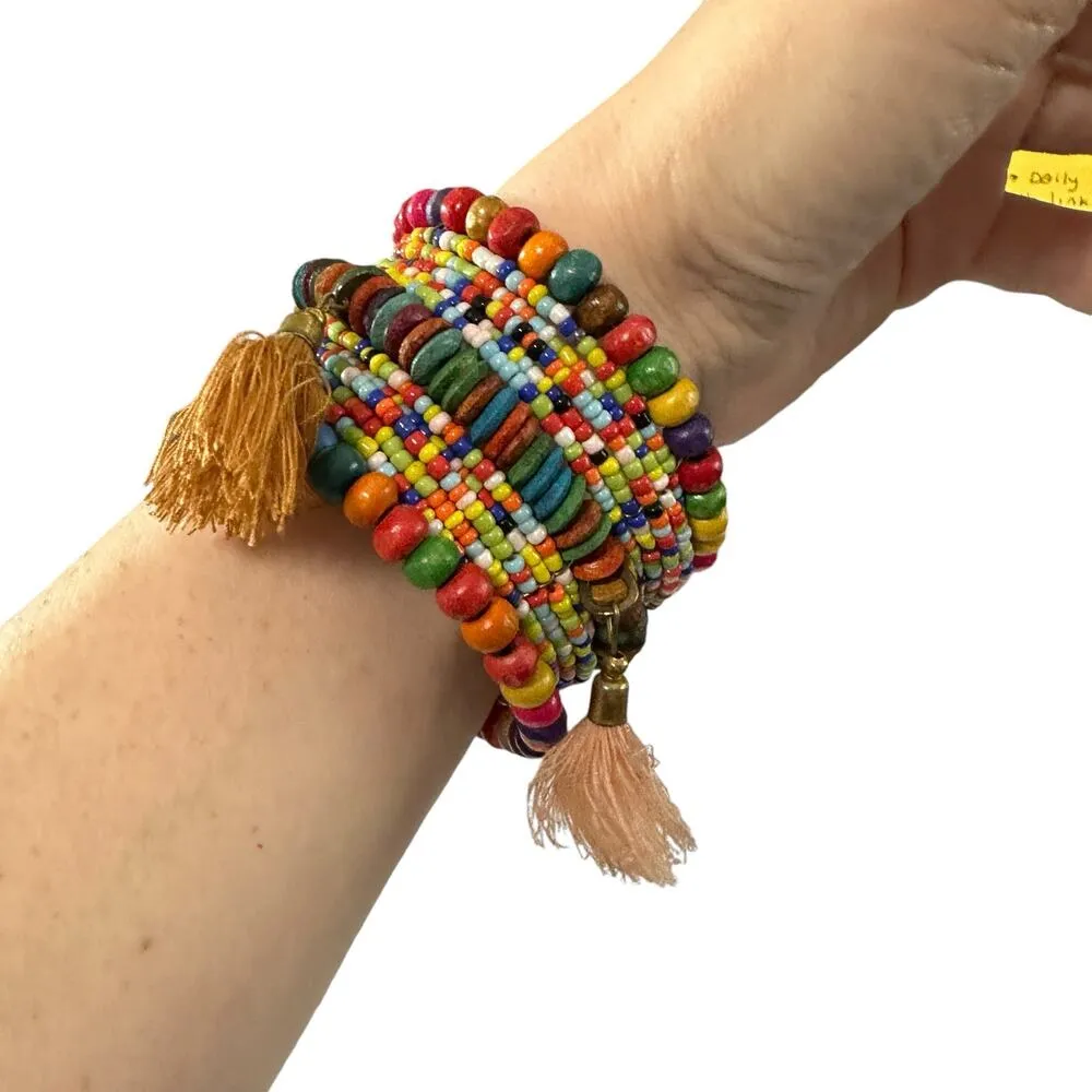 Beaded Tasseled Stacked Bracelet Multicolored Mixed Media Boho - Image 4
