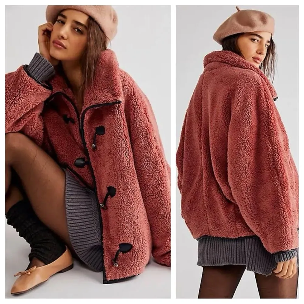 Free People Junie Teddy Jacket contrast faux leather toggle trim Rose Pink L - Image 2