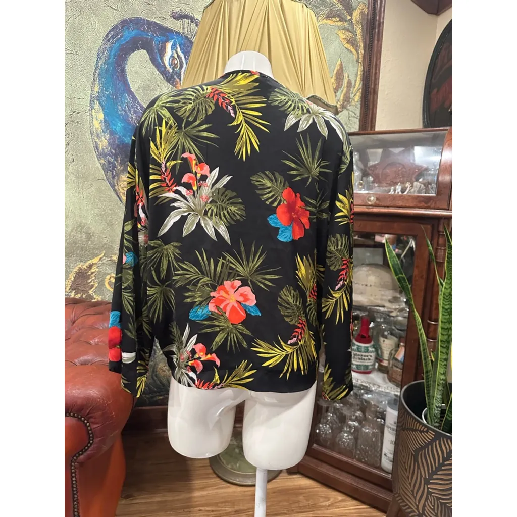 Miss Lili Tropical Floral Tie-Front Kimono Blouse Small Black Hibiscus Boho Wrap - Image 7