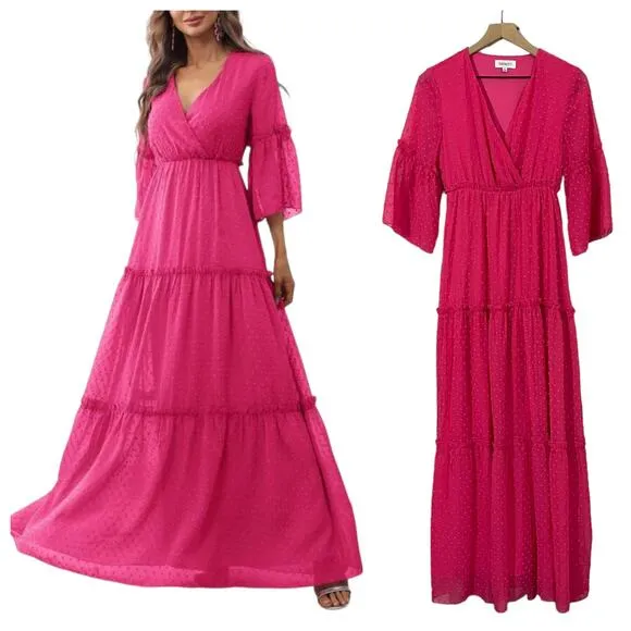 Faeriesty Swiss Dot Surplice Neck Flounce Sleeve Ruffle Hem Dress - Image 2