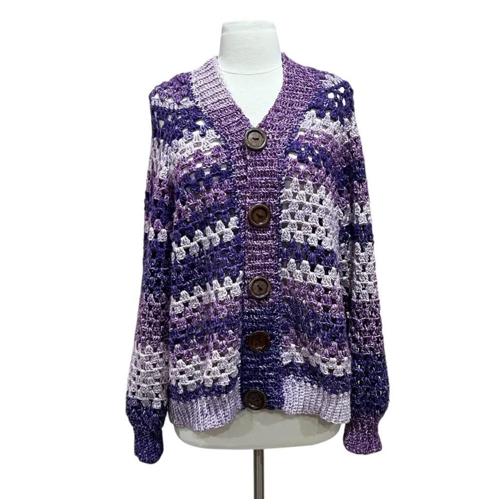 Granny Pop Purple Crochet Hand Knit Cardigan Size Large - Image 2
