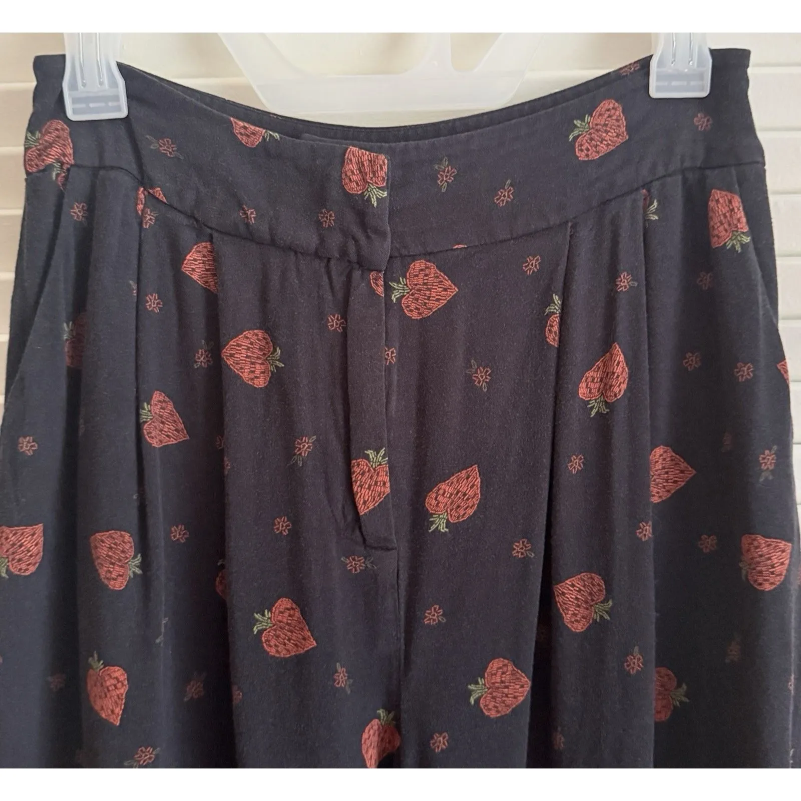 Farm Rio Strawberry Print Wide Leg Pants Small High Rise Black Red Boho Hippie - Image 6