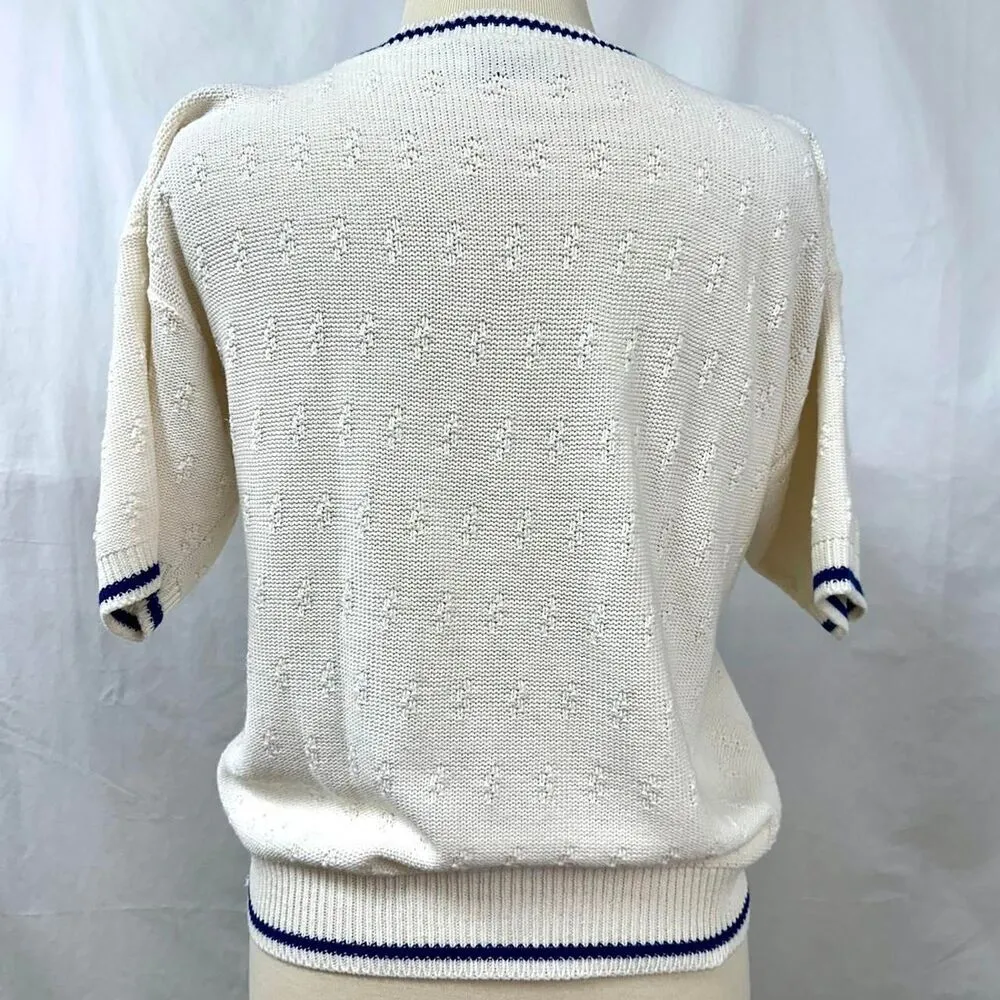 CAPE COD SPORTSWEAR 80s Vintage Cream Blue Floral Embroidered Knit Sweater Sz M Size M - Image 5