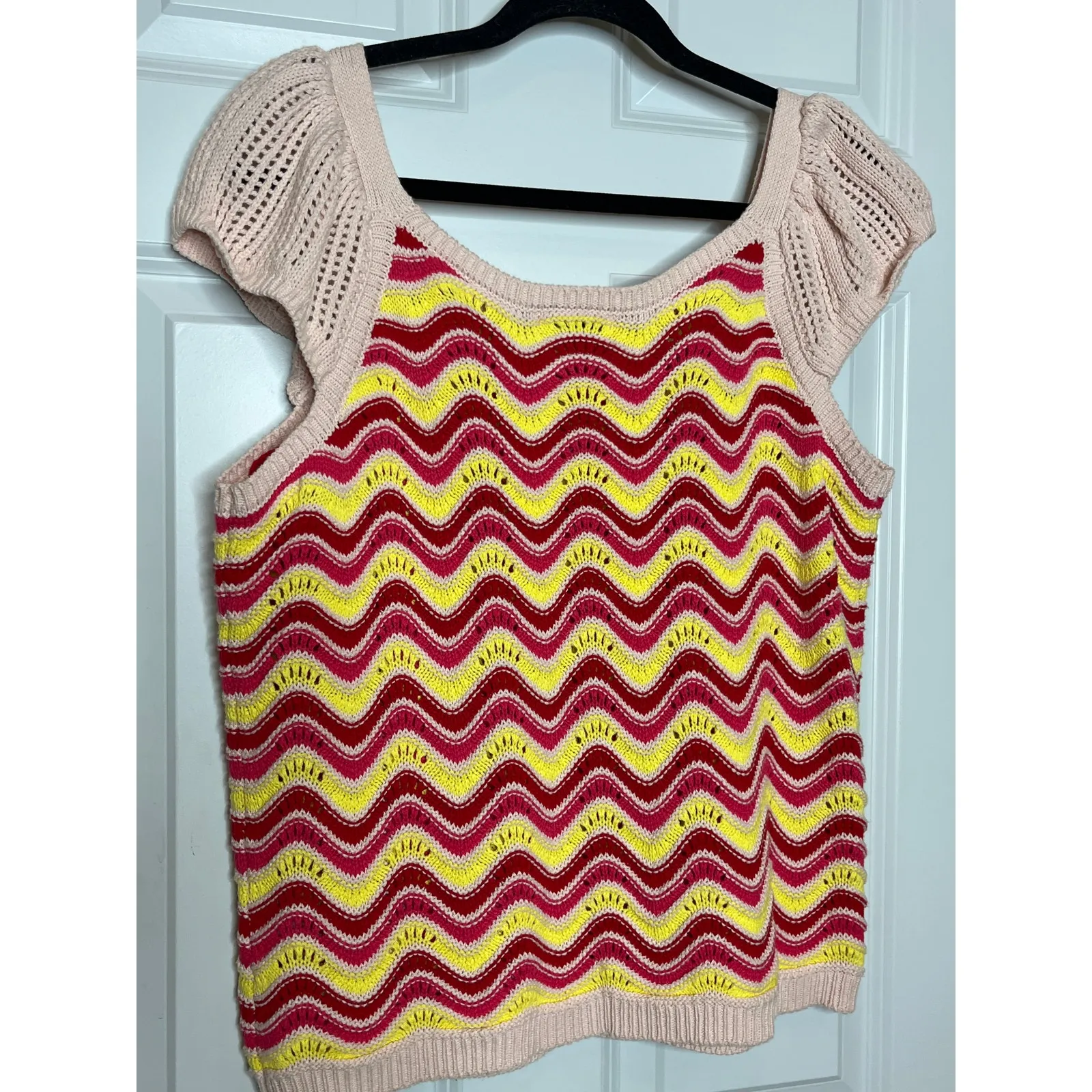 Kaily K NEW‎ Crochet Cap Sleeve Sweater Yellow Pink Chevron Pattern XL - Image 2