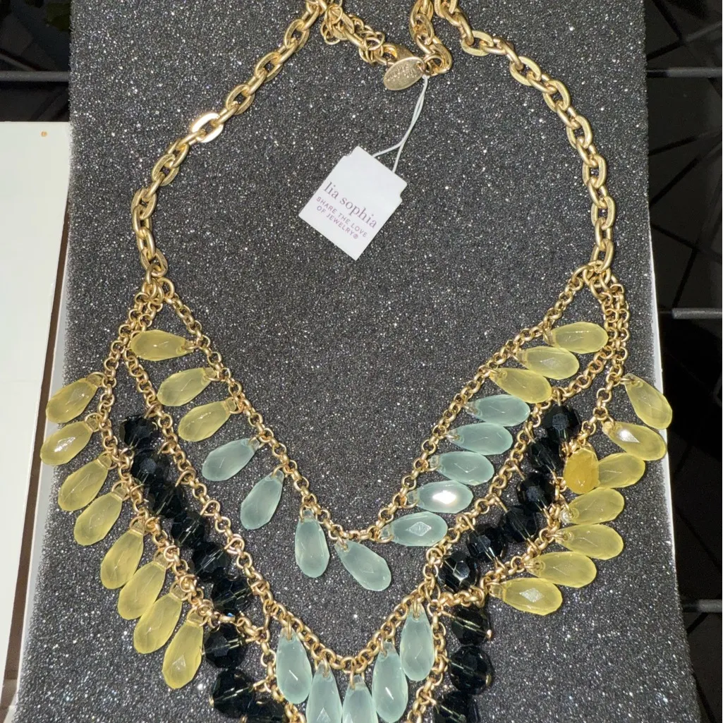 Lia Sophia Layered Bib Necklace Yellow Blue Black‎ Cascading Teardrop Beads - Image 2