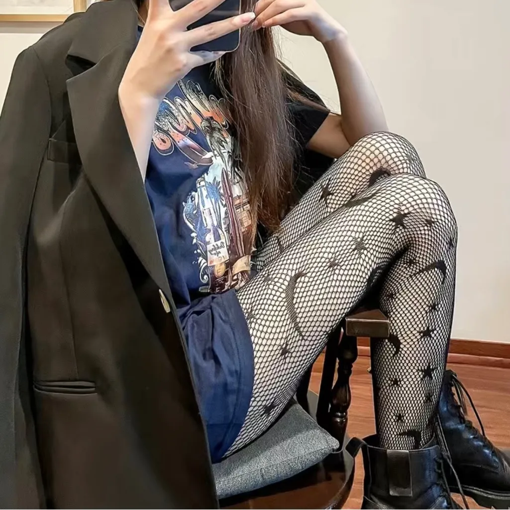 Black Moon & Star Pattern Fishnet Tights, Cut Out‎ High Waist Mesh Pantyhose - Image 8