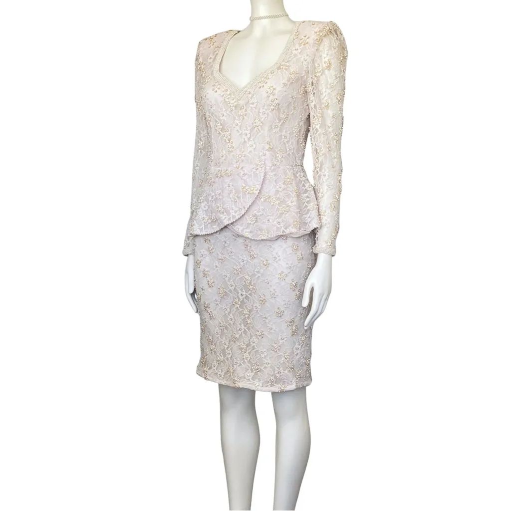 Vintage 80s Ivory Lace Pearl Beaded Sequin Peplum Dress XS Bridal Off White NWT - Image 4
