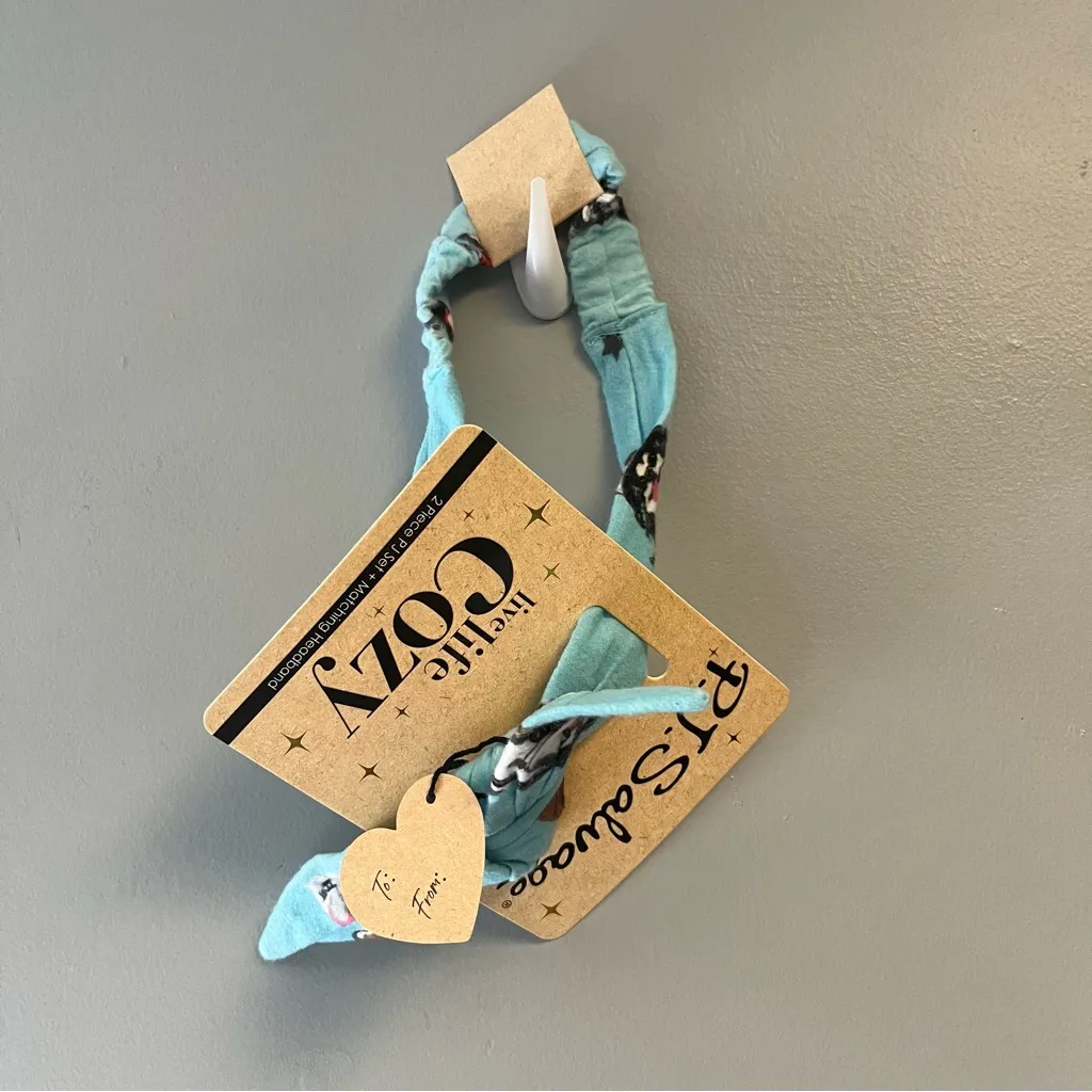 PJ Salvage Flannel Pajamas Set w/ Headband Aqua Sz S NWT Fun Rocker Dogs! Blue - Image 10