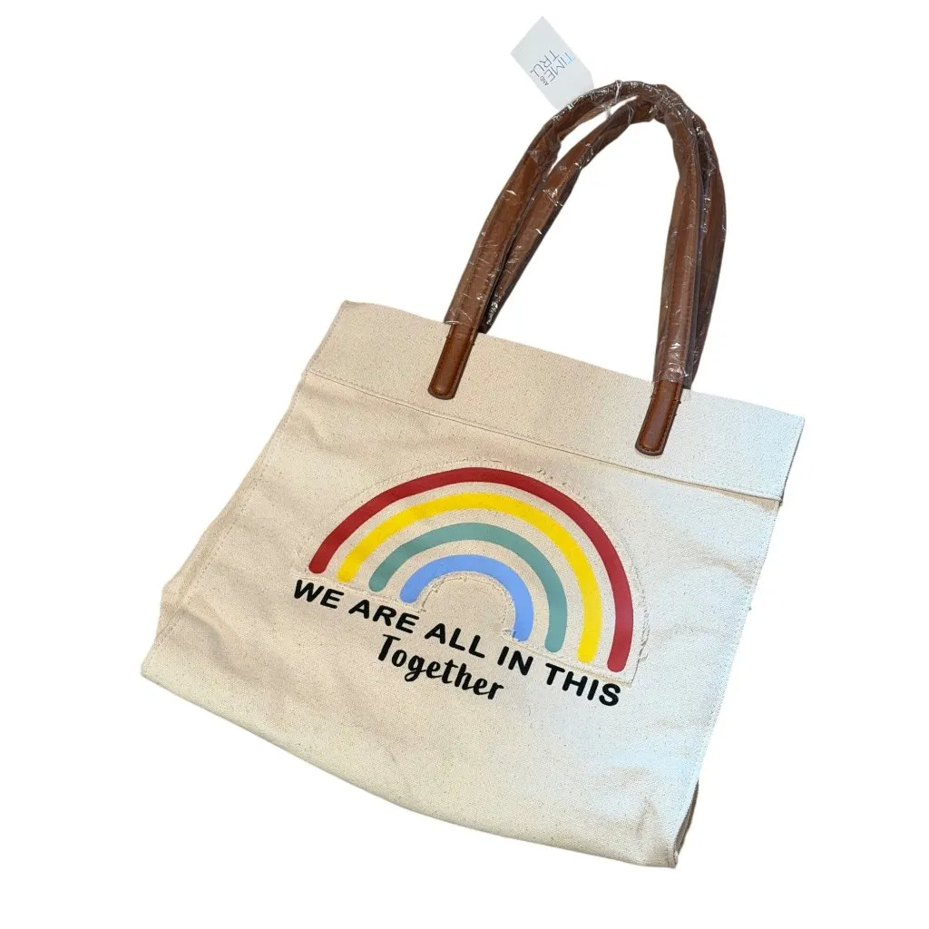 NWD Time Tru We Are All In This Together Canvas Beige Tote Bag Rainbow Positive Brown - Image 5