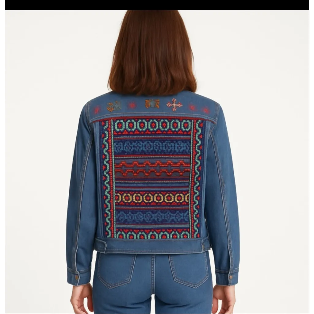 Women's Chico's Design Jean Jacket with Multicolor Embroidery Blue Size 8 - Image 2