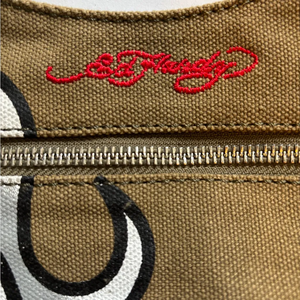 ED HARDY BLACK AND KHAKI CANVAS HAND BAG WITH CHAIN HANDLES AND GRAPHIC DESIGN - Image 12