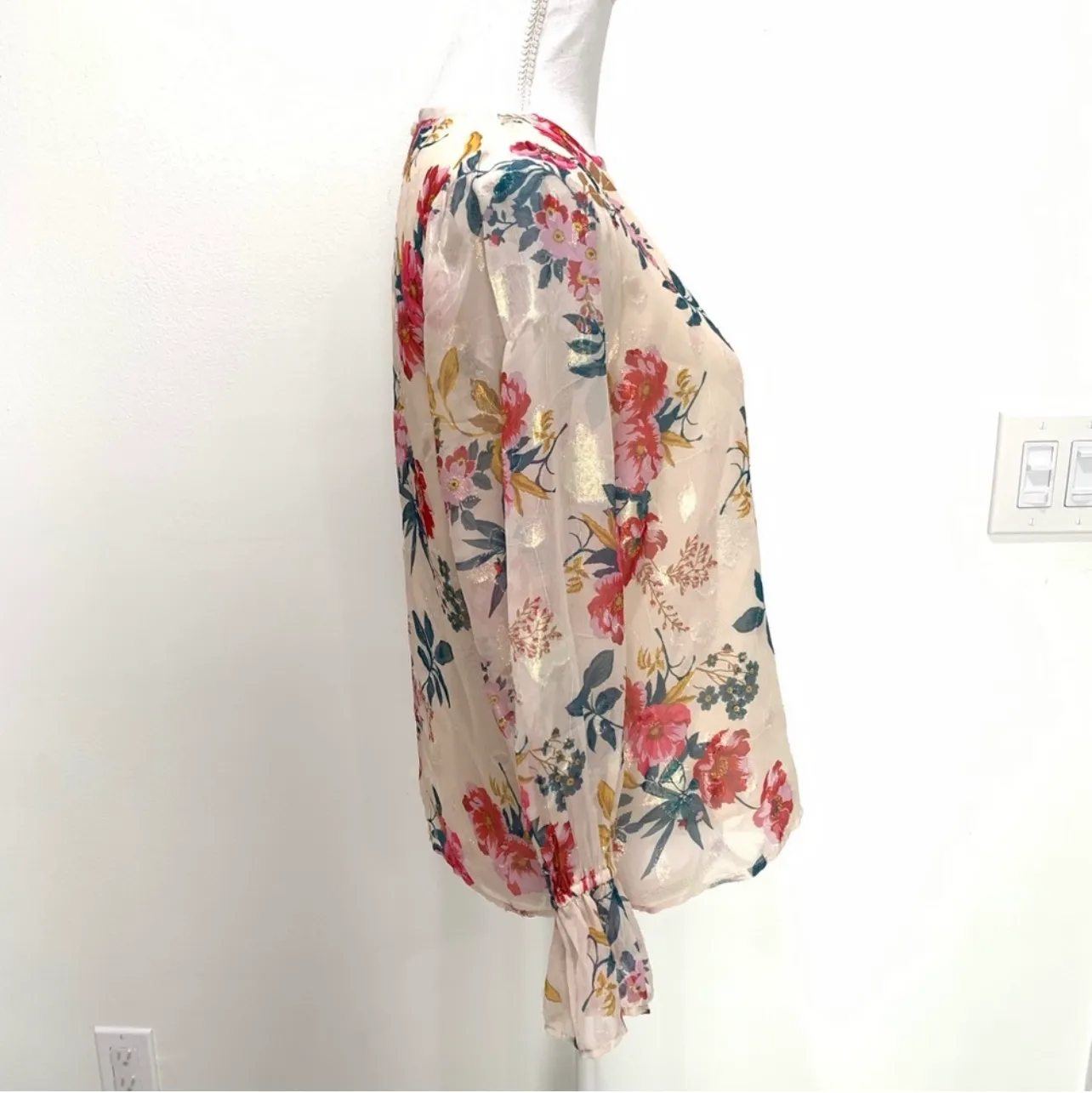 Ann Taylor Loft Floral White Shimmer Blouse with Ruffle Sleeves - Image 6