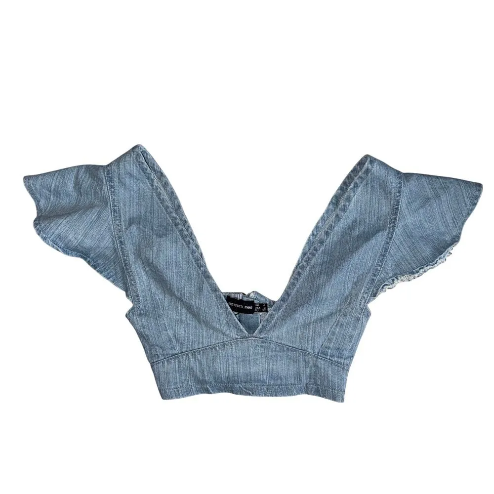 Pretty Little Thing Blue Light Wash Flared Sleeve Denim Crop Top Size 0 Flutter - Image 6