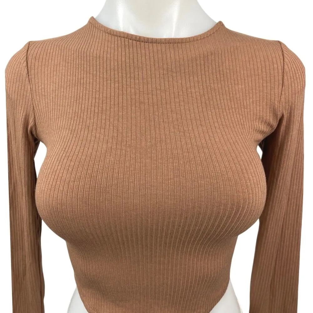 ASTR The Label Brown Ribbed Knit Cross Open Back Crew Neck Crop Top Size XS - Image 3