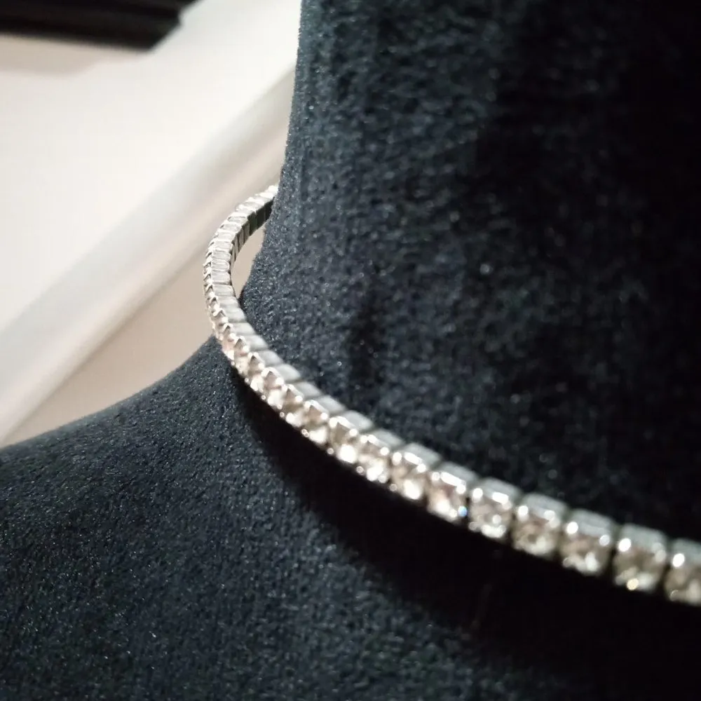 Women Fashion Elegant Clear Faceted Rhinestone Beaded Tennis Choker Necklace Silver - Image 2