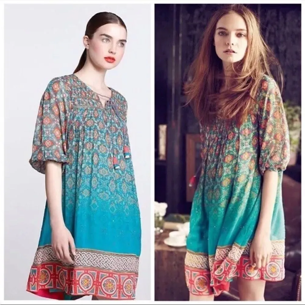 Anthropologie Tanvi Kedia Glimmering Ankita Dress Boho Teal Beaded S - Image 2