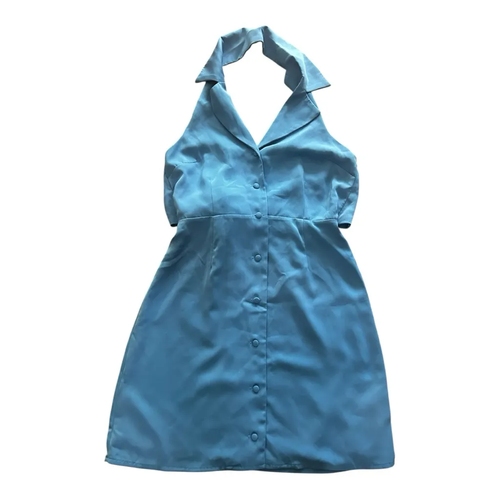 Lulus Extremely Chic Blue Collared Tie-Back Button-Up Mini Dress Size Small - Image 3