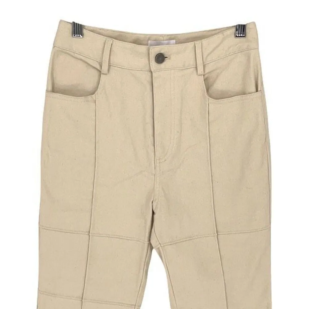 Isalis High Rise Cotton Twill Khaki Pants Block Stitching Pockets Ivory Size Sma - Image 2