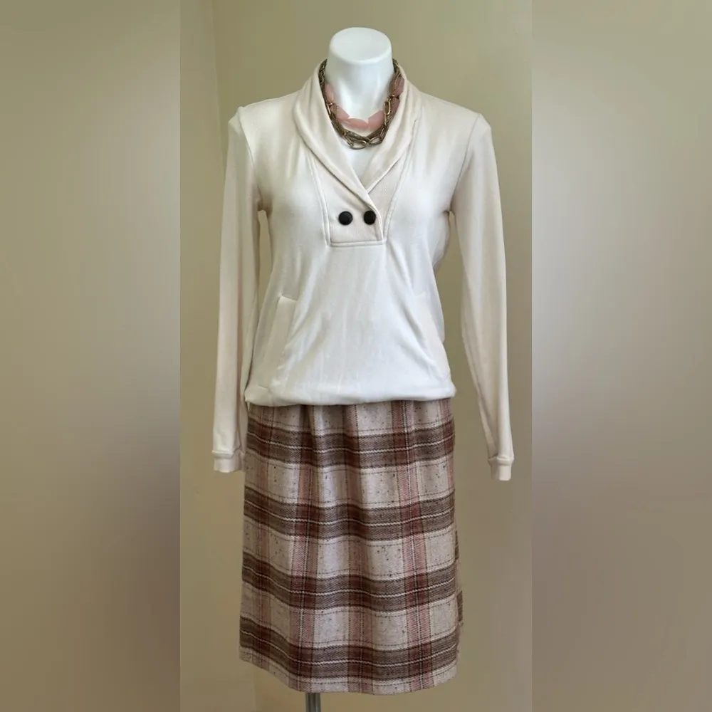 Cream Brown Plaid Midi Skirt SZ L Elastic Waist Wool Blend - Image 2