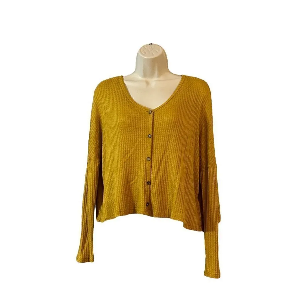 Ambiance Oversized small Long Sleeve Waffle Knit Crop Top Scoop Neck Gold - Image 2
