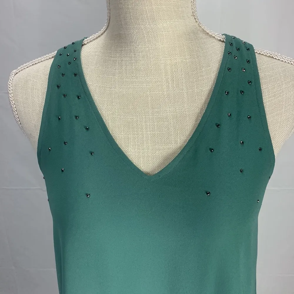 Chiffon Pleated Back Sage Green Studded Sleeveless Blouse Tank Small - Image 3