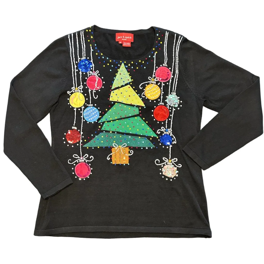 VTG Jack b.Quick beaded sequin gaudy maximalist christmas tree sweater bright M Black Size M - Image 4