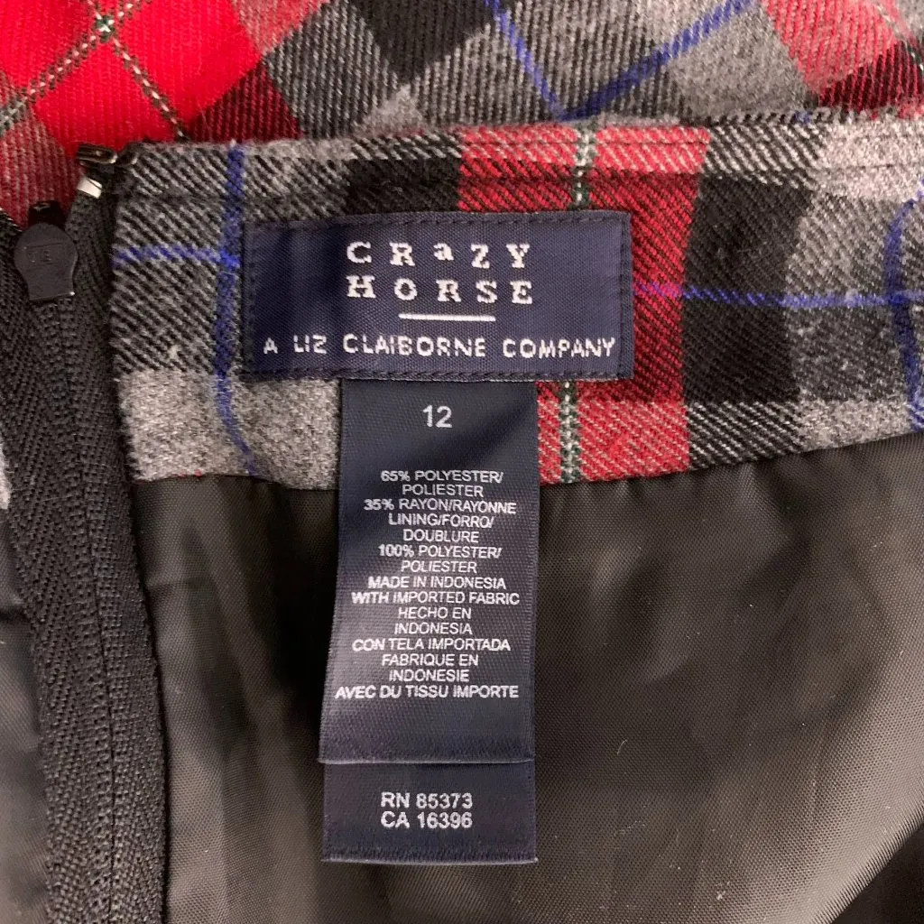 Vintage Crazy Horse Wrap Maxi Skirt 12 Red Grey Plaid Lined Zipper Button - Image 6